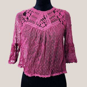 FREE PEOPLE Lace Pink Purple Blouse Embroidered Floral Top